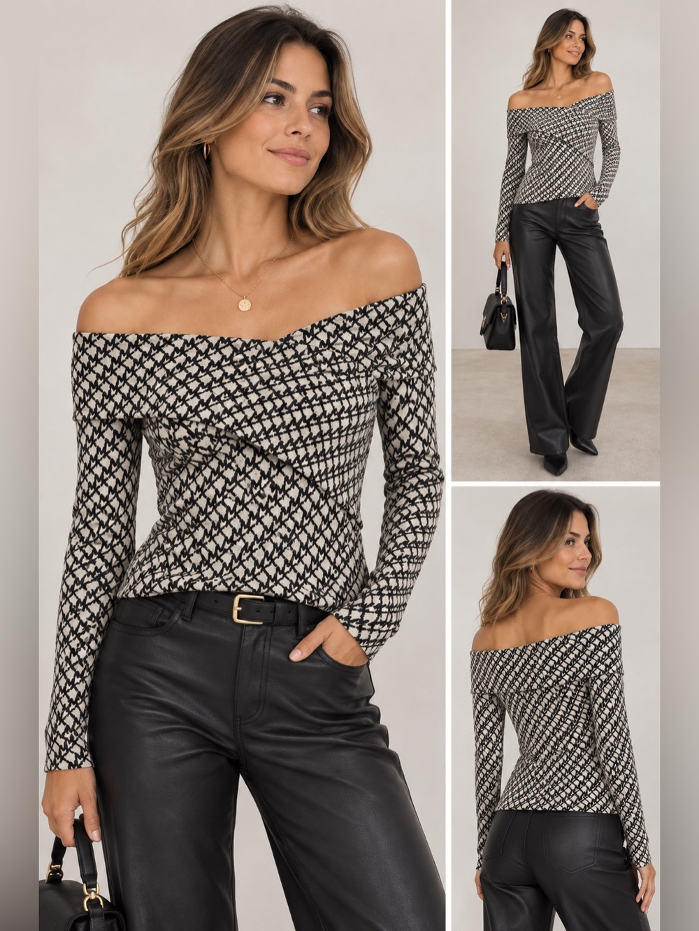 MICHAEL Michael Kors Black & Cream Houndstooth Off-Shoulder Top